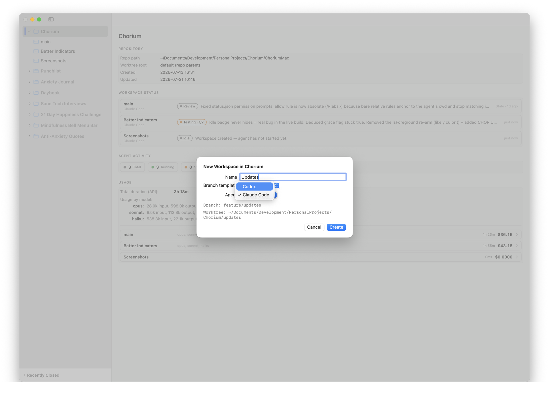 Choosing which agent will run in the workspace