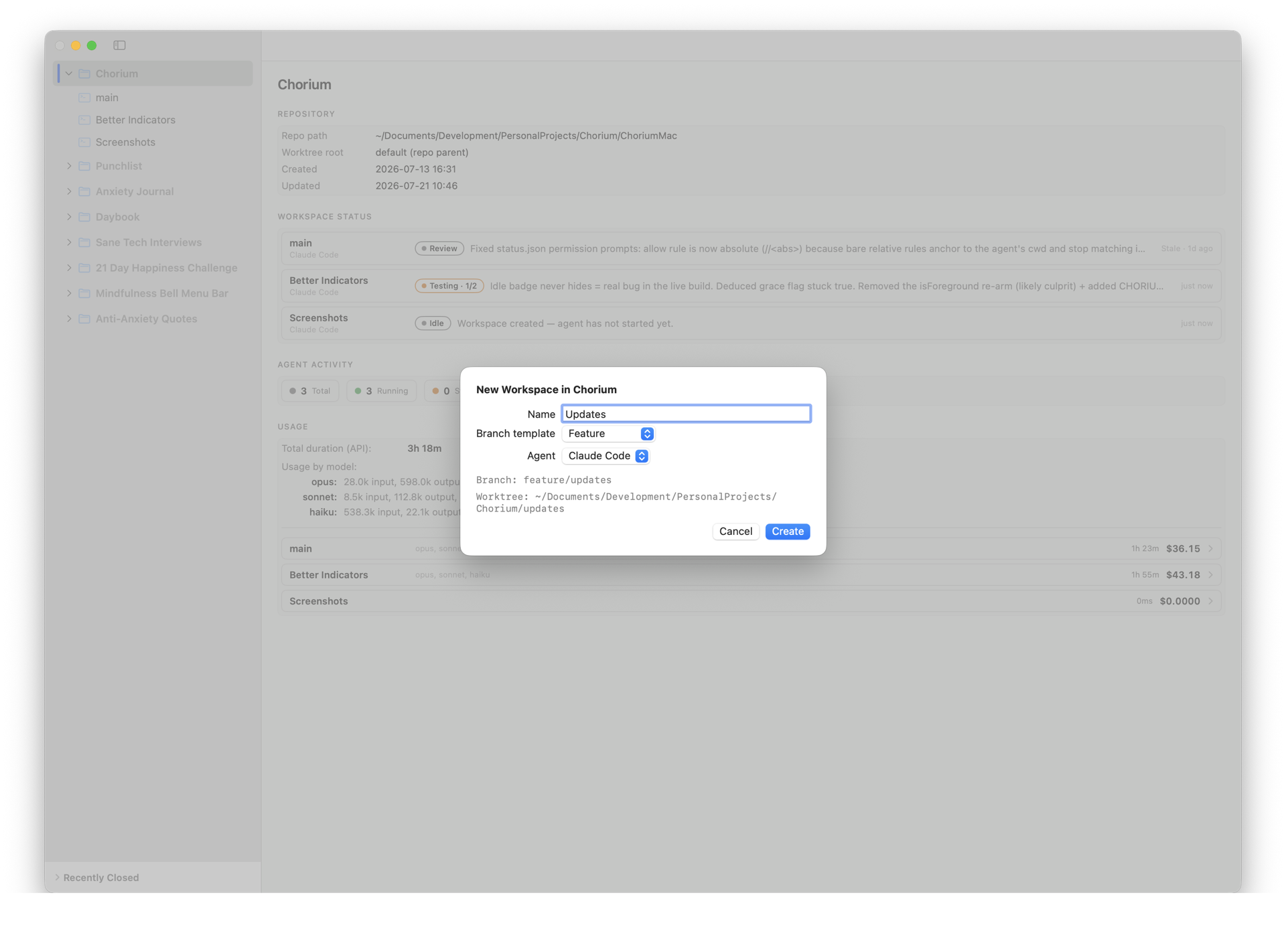 The New Workspace sheet with a live branch and path preview