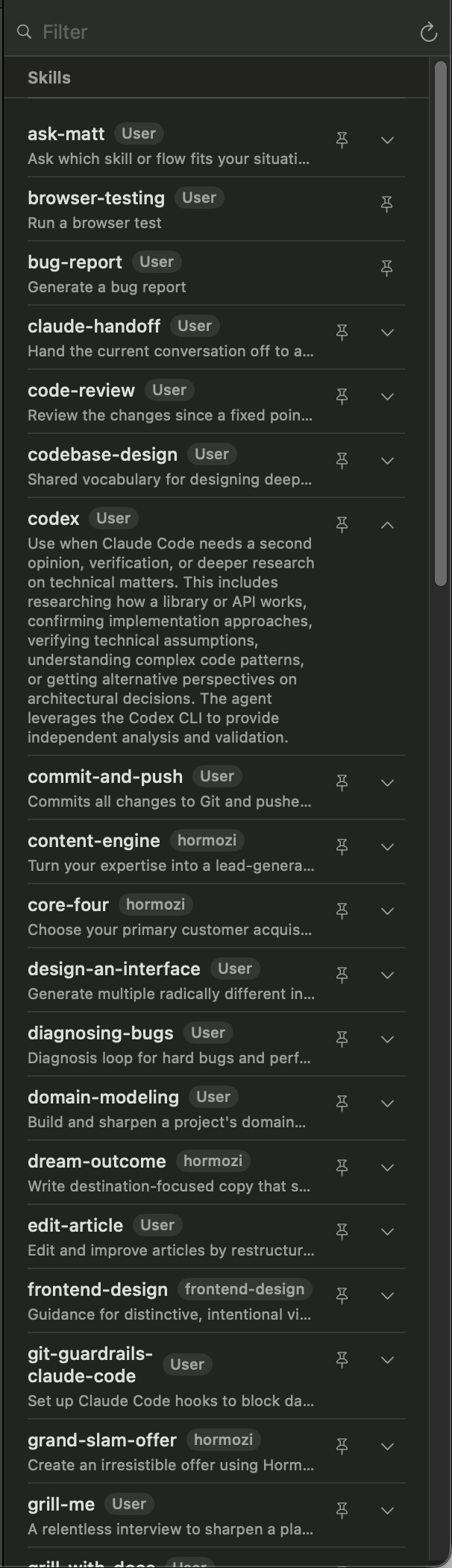 The Toolkit panel: a searchable list of skills and commands, each with a source badge, a pin, and an expand control
